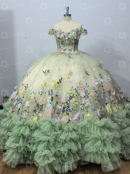 Vestidos de quinceañera con hombros descubiertos, tul princesa, apliques, vestidos de quinceañera HE530
