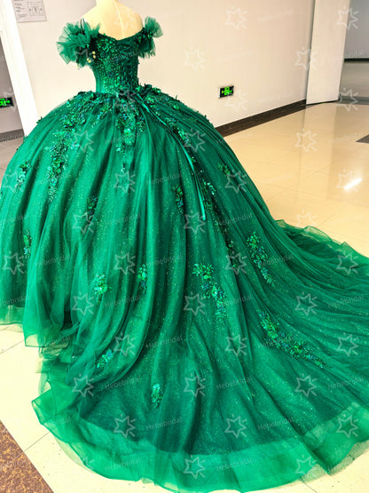 Luxury Tulle 3d Flower Green Quinceanera Dresses Sweet 15 Off Shoulder Party Gown HE1444