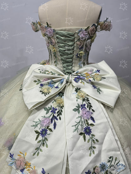 Luxury Tulle 3D Flower Green Quinceanera Dresses Sweet 16 Birthday Party Dresses with Ruffled HE1052