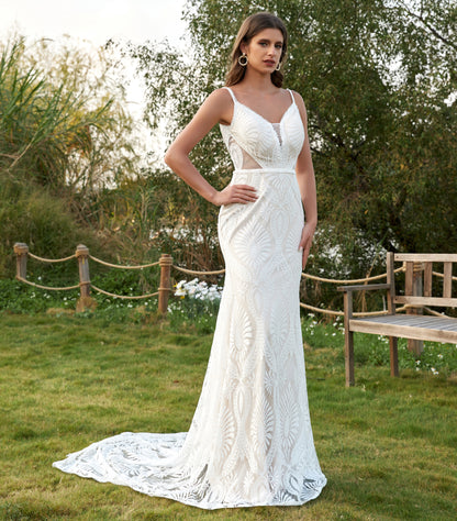 Mermaid V Neck Boho Lace Wedding Dresses Plus Size Bride Wedding Gowns for Women HE861