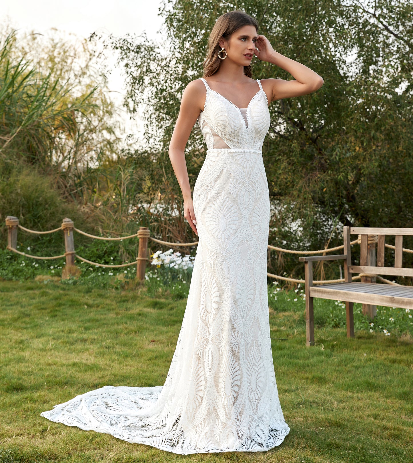 Mermaid V Neck Boho Lace Wedding Dresses Plus Size Bride Wedding Gowns for Women HE861