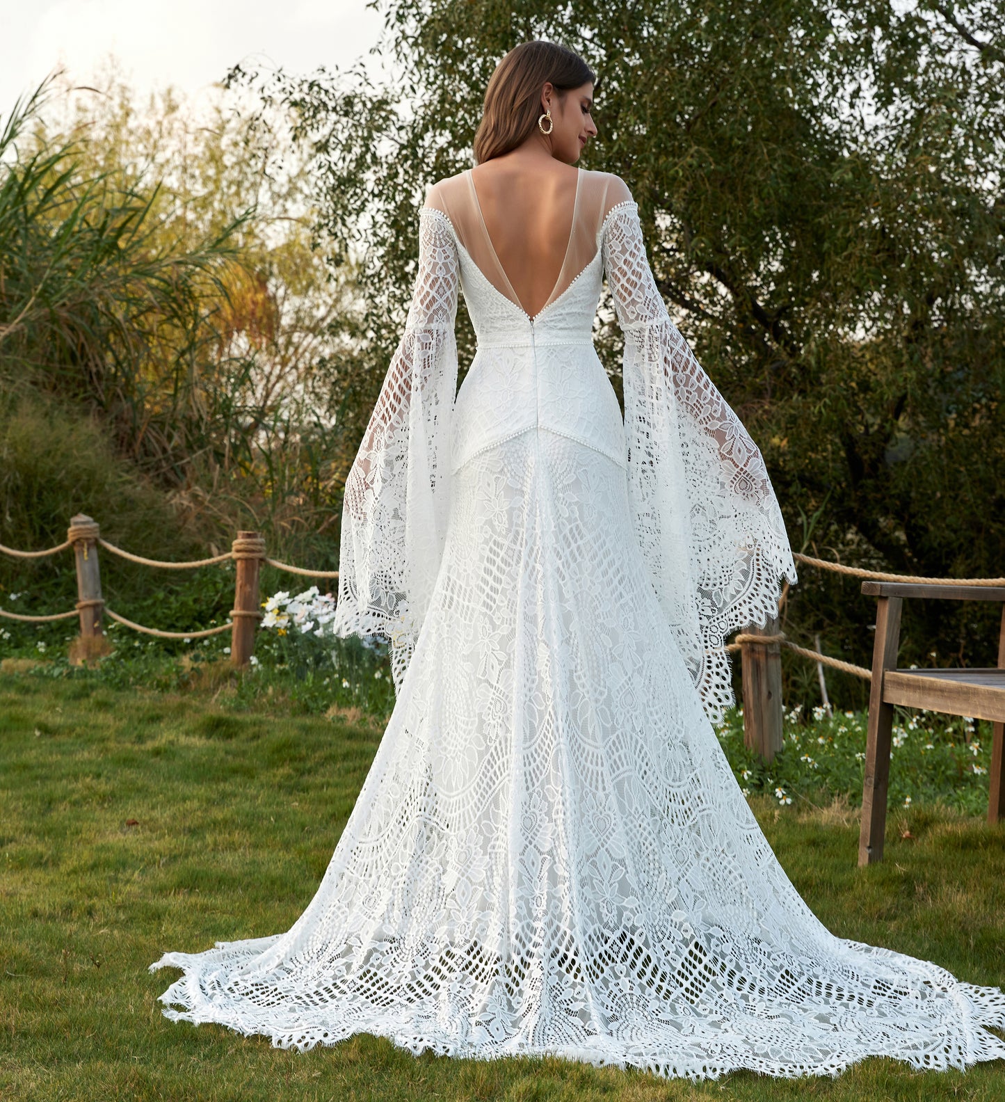 Women's Wedding Dresses Boho for Bride Long Sleeves Plus Size Lace Beach Bridal Gowns HE864