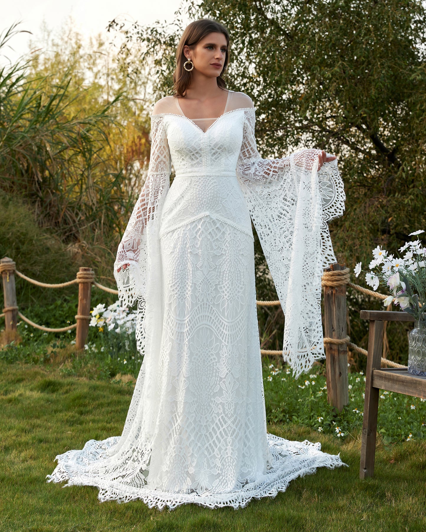 Women's Wedding Dresses Boho for Bride Long Sleeves Plus Size Lace Beach Bridal Gowns HE864