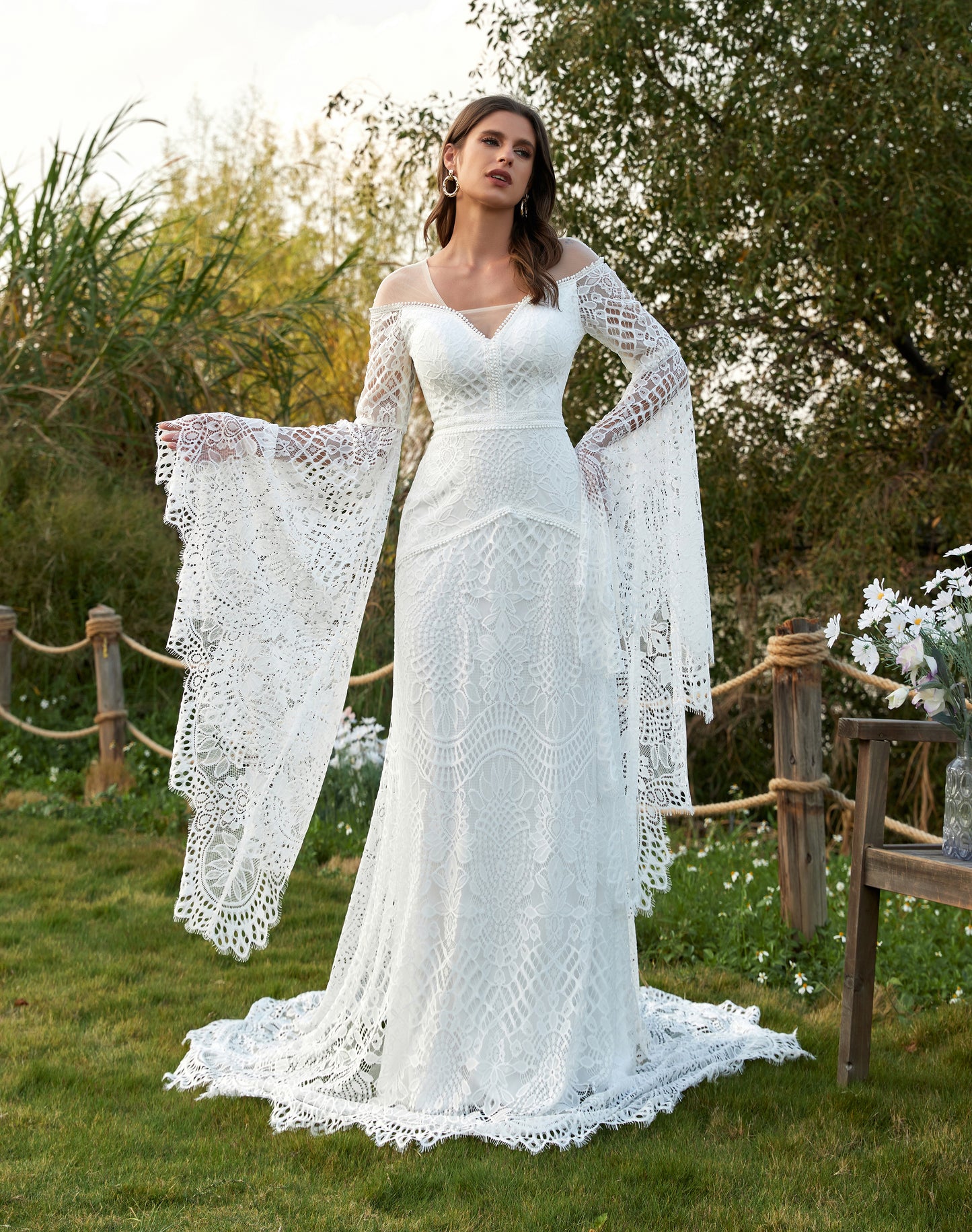 Women's Wedding Dresses Boho for Bride Long Sleeves Plus Size Lace Beach Bridal Gowns HE864