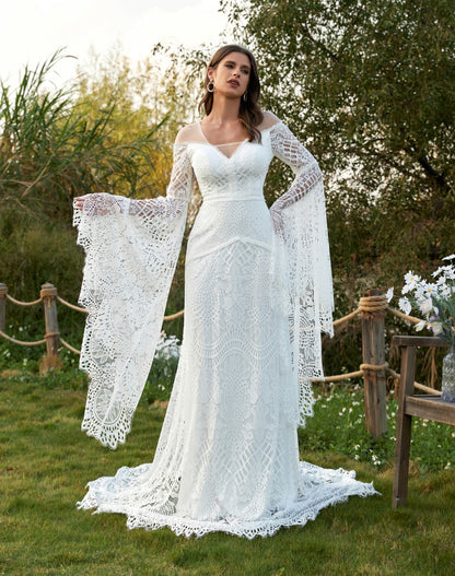 Women's Wedding Dresses Boho for Bride Long Sleeves Plus Size Lace Beach Bridal Gowns HE864