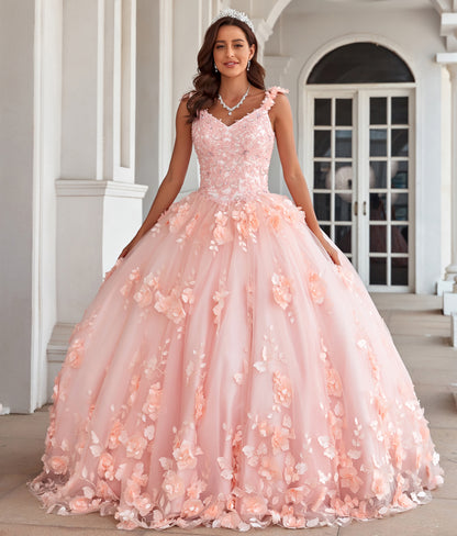 HE077-Ball Gown Blush Pink Quinceanera Dresses Tulle 3d Flower Appliques Beaded Sweet 16 Birthday Gowns