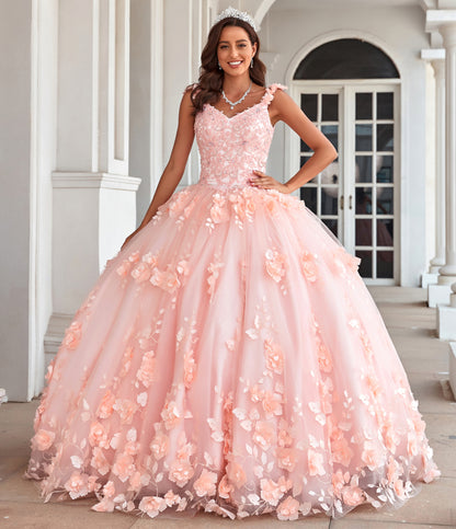 HE077-Ball Gown Blush Pink Quinceanera Dresses Tulle 3d Flower Appliques Beaded Sweet 16 Birthday Gowns