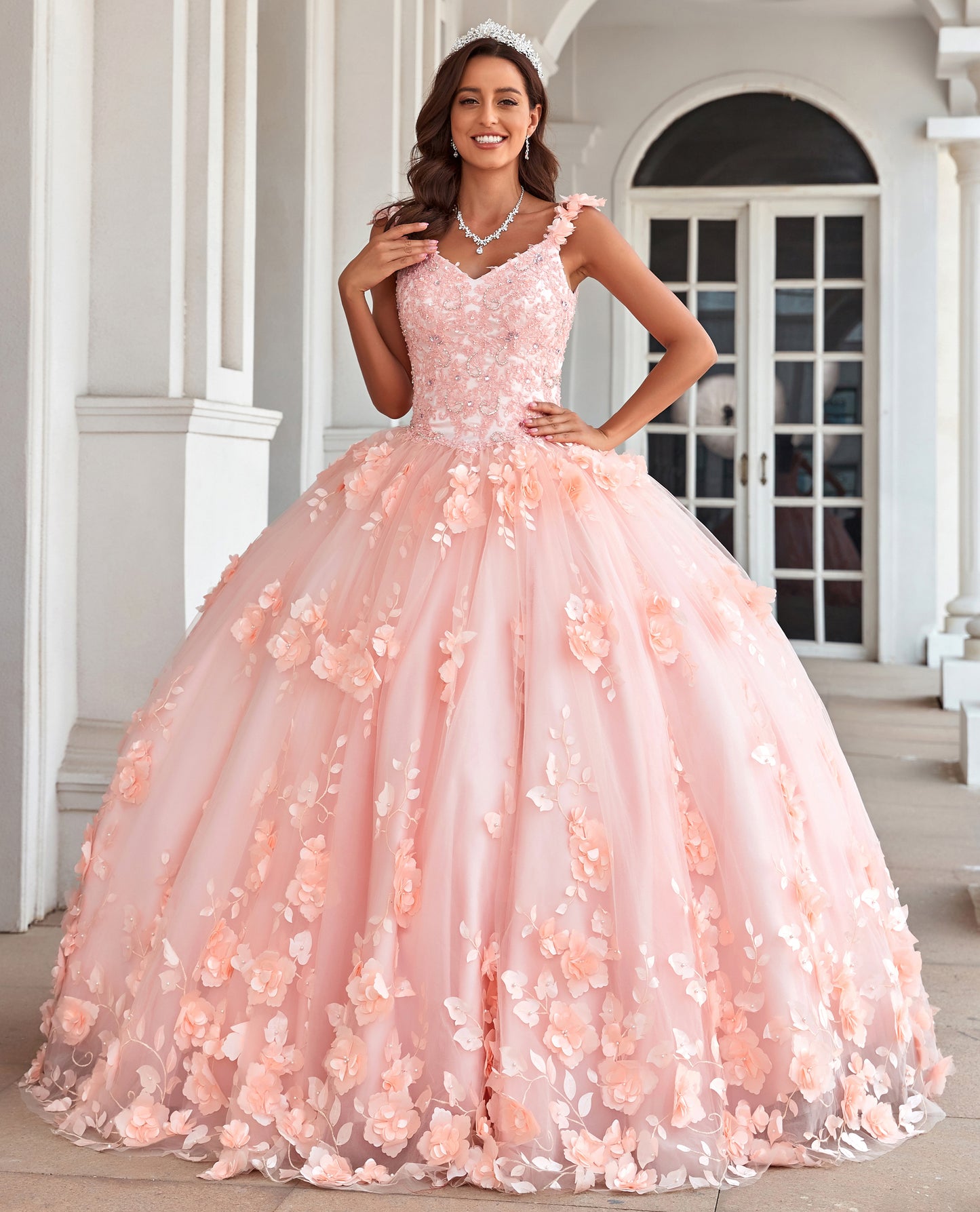 HE077-Ball Gown Blush Pink Quinceanera Dresses Tulle 3d Flower Appliques Beaded Sweet 16 Birthday Gowns