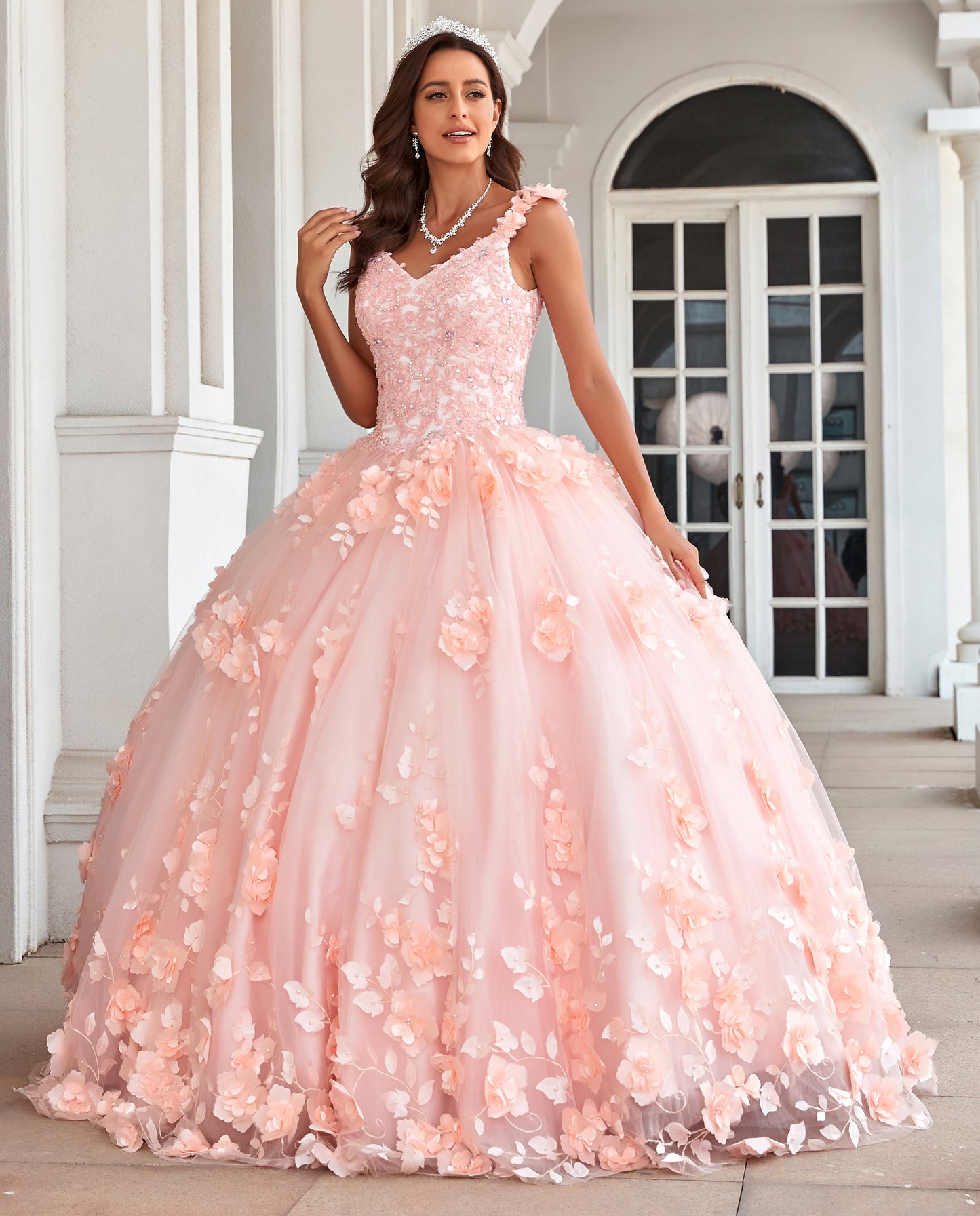 HE077-Ball Gown Blush Pink Quinceanera Dresses Tulle 3d Flower Appliques Beaded Sweet 16 Birthday Gowns