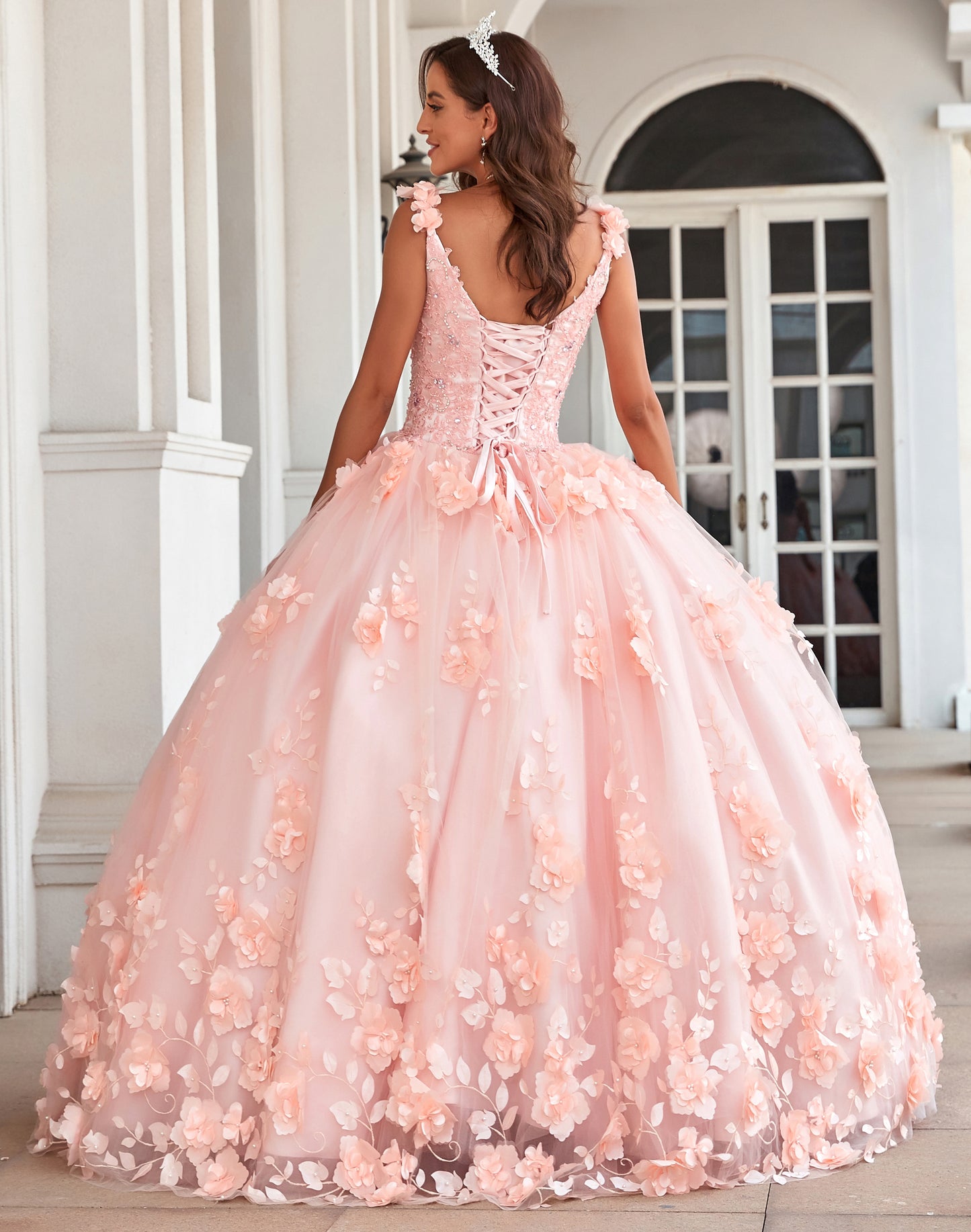 HE077-Ball Gown Blush Pink Quinceanera Dresses Tulle 3d Flower Appliques Beaded Sweet 16 Birthday Gowns