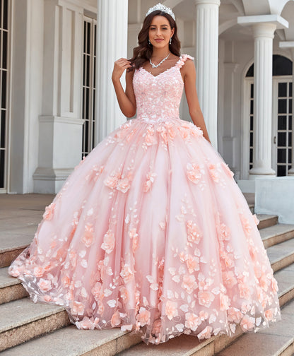 HE077-Ball Gown Blush Pink Quinceanera Dresses Tulle 3d Flower Appliques Beaded Sweet 16 Birthday Gowns