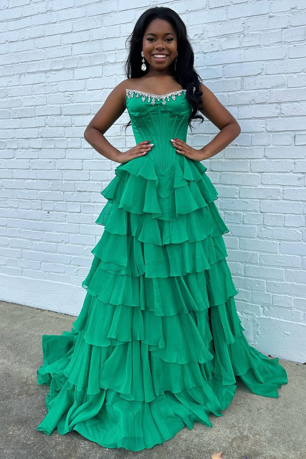 Strapless A Line Chiffon Prom Dresses Ruffled Crystal Evening Party Gowns for Women HE1191