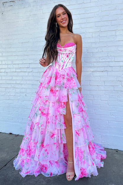 Sweetheart A Line Chiffon Long Prom Dresses Floral Print Evening Party Gowns with Split HE1206