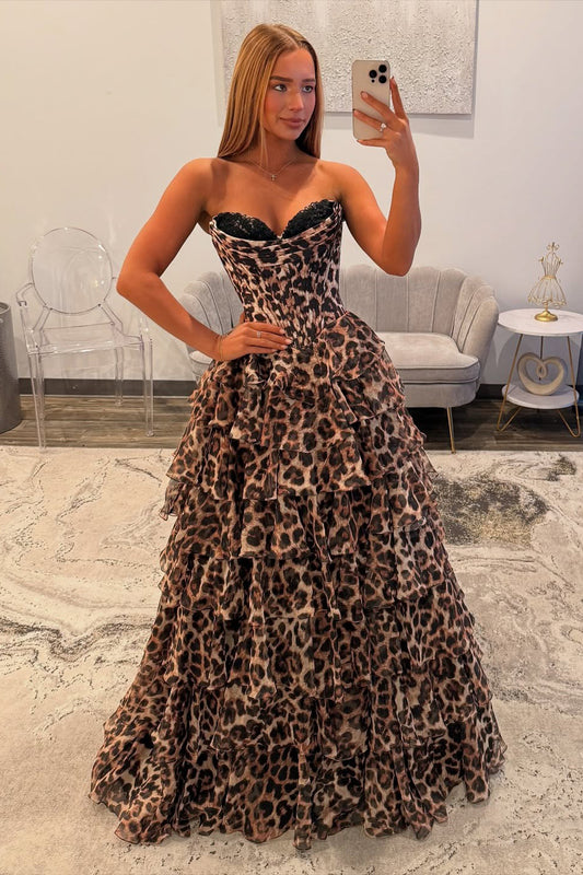 A Line Leopard Print Prom Dress Long Sweetheart Corset Chiffon Ruffled Party Gowns HE1145