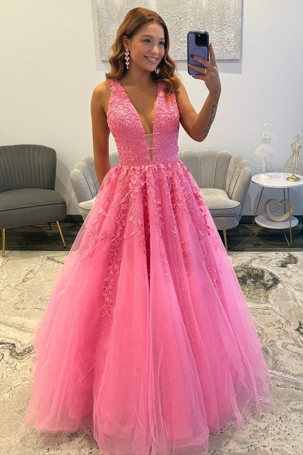 A Line Tulle Appliqued Prom Dresses Long Elegant V Neck Evening Party Gowns for Women HE1144