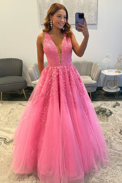 A Line Tulle Appliqued Prom Dresses Long Elegant V Neck Evening Party Gowns for Women HE1144