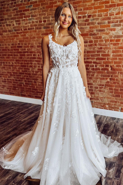 Tulle Lace Appliqued Boho Wedding Dresses A Line Corset Beach Wedding Gowns for Women HE1155