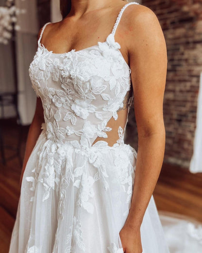 A Line Beach Wedding Dresses for Bride Tulle Lace Appliqued Wedding Gowns HE1161