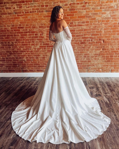 Satin A Line Sweetheart Wedding Dresses Corset Bride Wedding Gowns with Detachable Sleeves HE1147