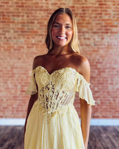 Off Shoulder A Line Chiffon Long Prom Dresses Lace Appliqued Party Gowns with Split HE1140