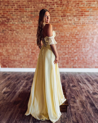 Off Shoulder A Line Chiffon Long Prom Dresses Lace Appliqued Party Gowns with Split HE1140