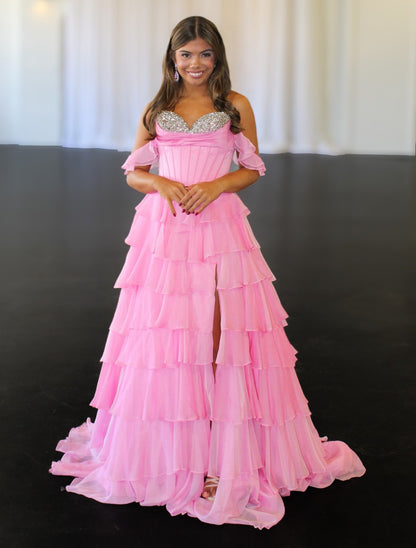 Off Shoulder A Line Prom Dresses Long Chiffon Ruffled Beaded Evening Gowns with Split HE1208