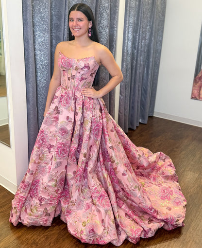 A Line Satin Corset Floral Print Prom Dresses Strapless Evening Party Gowns for Women HE1243