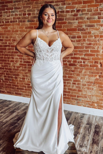 Mermaid V Neck Satin Lace Wedding Dresses for Bride Long Sleeves Wedding Gowns HE1153