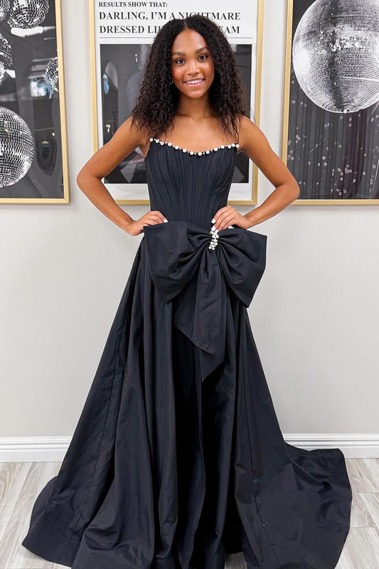 A Line Satin Crystal Prom Dresses Long Sweetheart Black Evening Gowns with Bowknot HE1138
