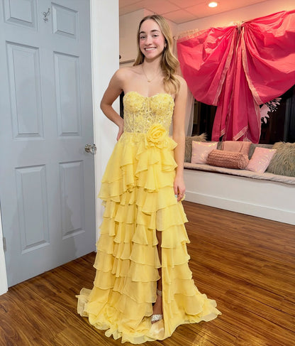 Women's Chiffon Ruffled Appliqued Prom Dresses Sweetheart Corset Evening Gowns Long HE1245