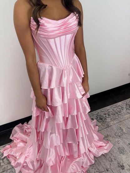 A Line Satin Ruffled Long Prom Dresses Sweetheart Corset Evening Gowns for Women HE1190