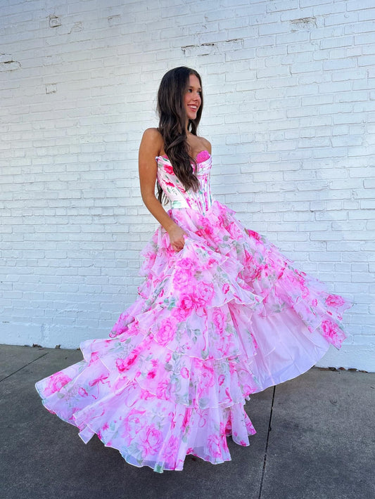 Sweetheart A Line Chiffon Long Prom Dresses Floral Print Evening Party Gowns with Split HE1206