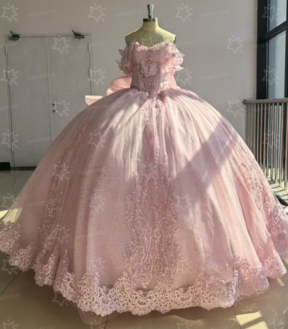 Vestidos de quinceañera con hombros descubiertos, tul princesa, apliques, vestidos de quinceañera HE530