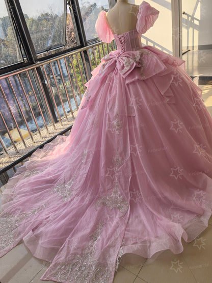 Vestidos de quinceañera con hombros descubiertos, tul princesa, apliques, vestidos de quinceañera HE530