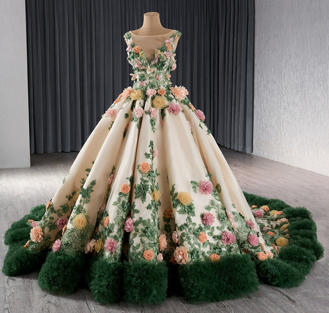 Tulle 3D Flower Sweet 16 Quinceanera Dresses Ruffled Lace Beaded Birthday Prom Gowns HE1173