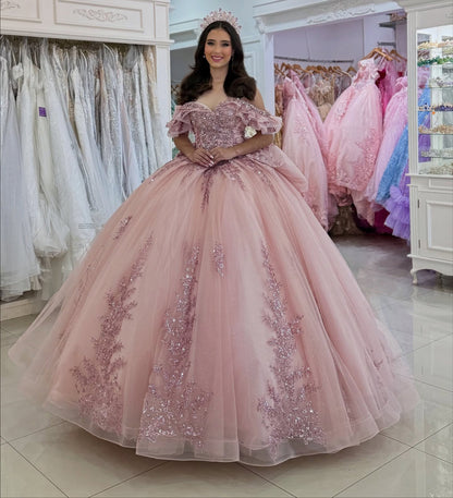 Ball Gown Princess Lace Appliqued Pink Quinceanera Dresses for Sweet 16 HE1163