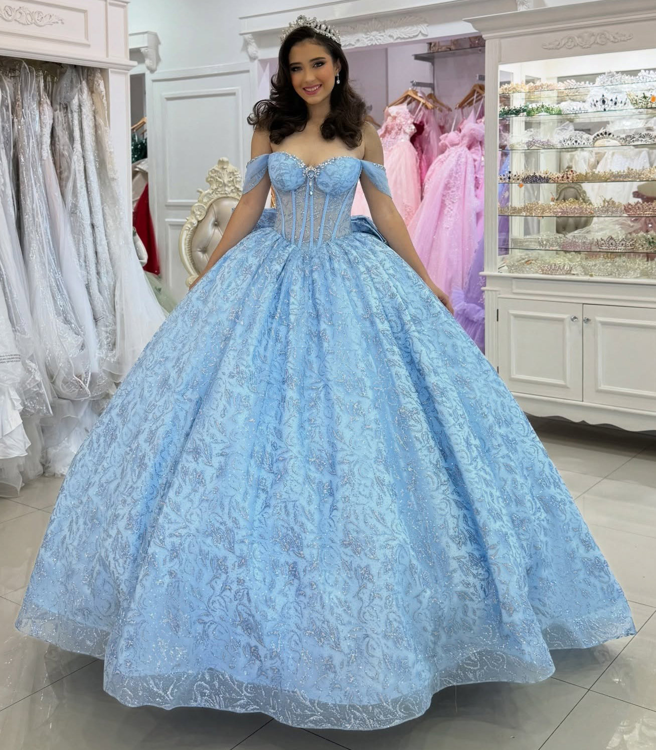 Off Shoulder Blue Sweet 16 Quinceanera Dresses Tulle Lace Birthday Party Dresses HE1164