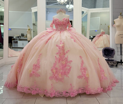 Princess Ball Gown Pink Quinceanera Dresses Tulle Appliqued Sweet 16 Party Gowns HE1169