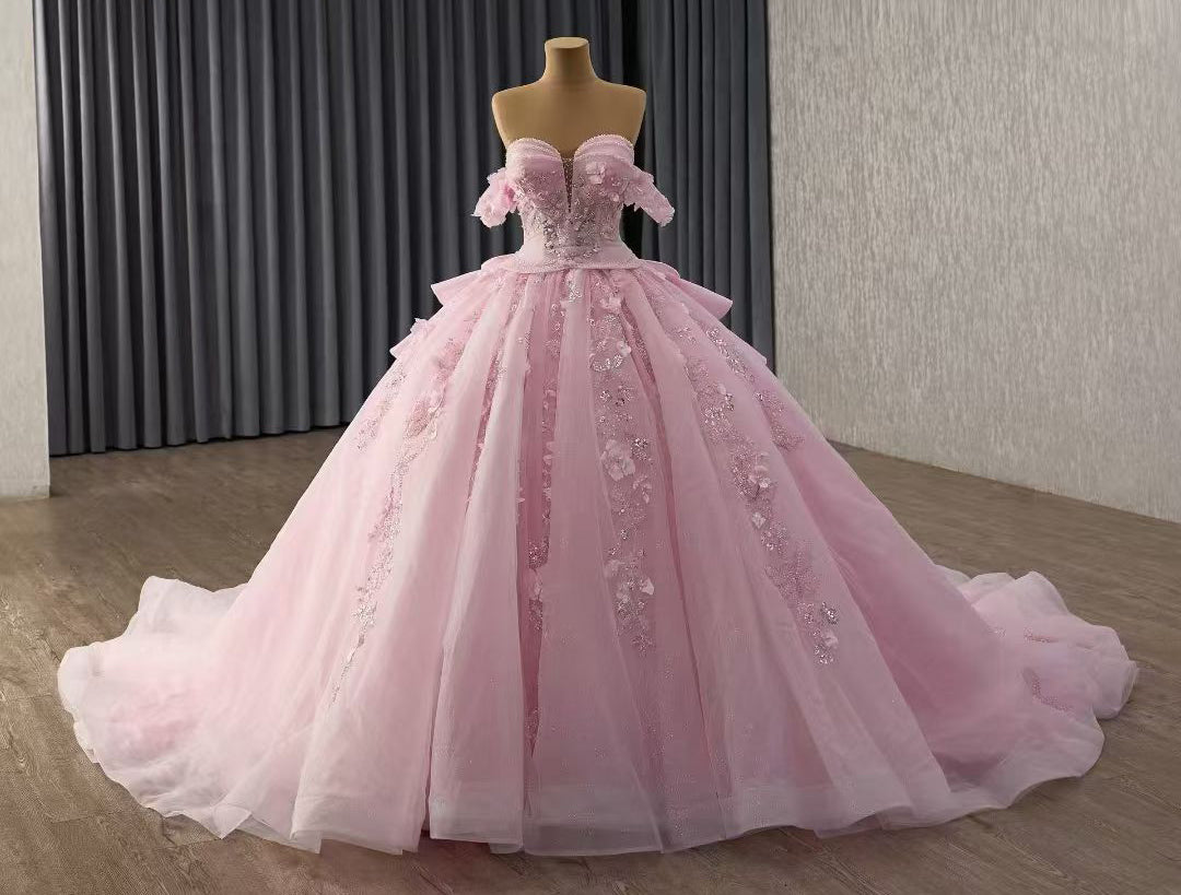 Off Shoulder Tulle Flower Corset Quinceanera Dresses Pink Lace Sweet 16 Birthday Gowns HE1171