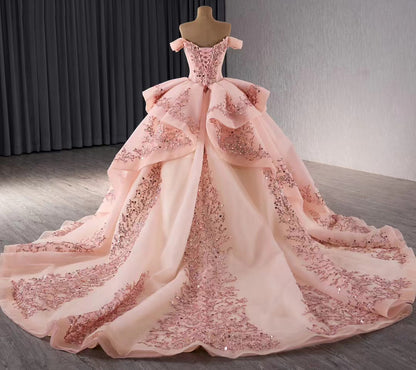 Princess Tulle Ruffled Pink Quinceanera Dress for Sweet 16 Off Shoulder Prom Party Gowns HE1170