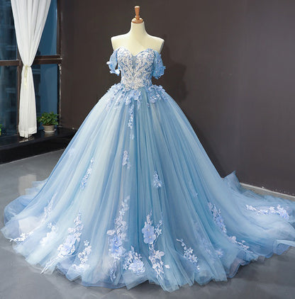 Off Shoulder Tulle Lace Appliqued Quinceanera Dresses Princess Sweet 16 Party Gowns HE1175