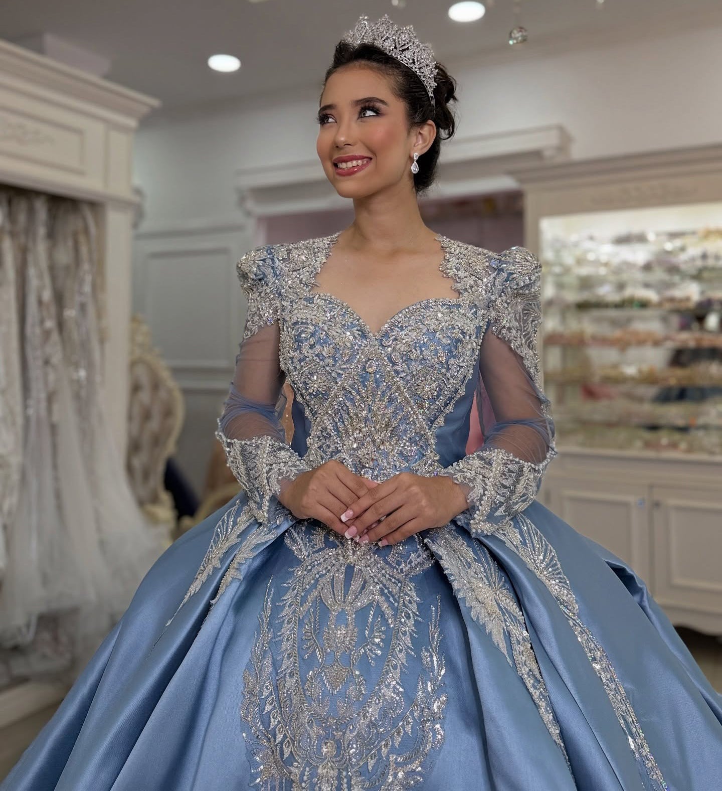 Long Sleeves Satin Beaded Quinceanera Dresses Sweetheart Princess Sweet 16 Prom Dress HE1162