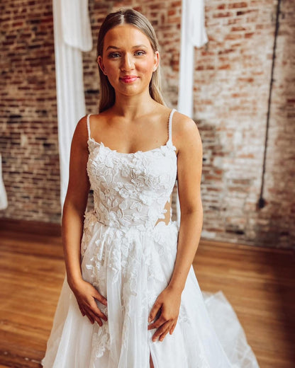 A Line Beach Wedding Dresses for Bride Tulle Lace Appliqued Wedding Gowns HE1161