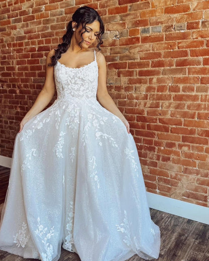 Glittery Tulle Lace Appliqued Beach Wedding Dresses A Line Boho Bride Dress for Women HE1156