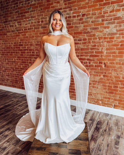 Mermaid Satin Corset Wedding Dresses Strapless Bride Wedding Gowns with Scarf HE1151