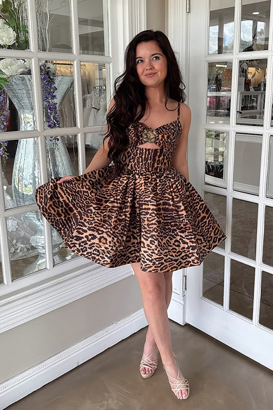 Brown Leopard A Line Keyhole Short Homecoming Dresses for Juniors HE617