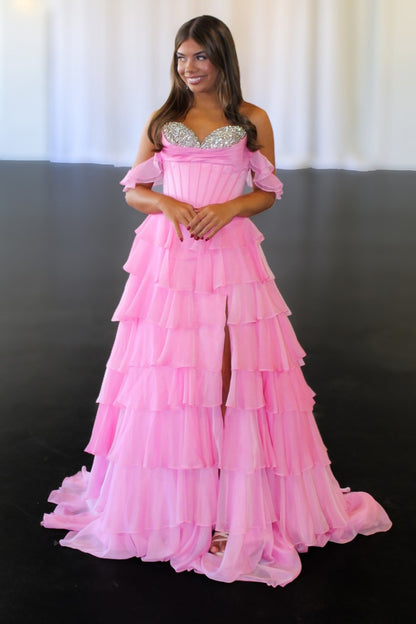 Off Shoulder A Line Prom Dresses Long Chiffon Ruffled Beaded Evening Gowns with Split HE1208