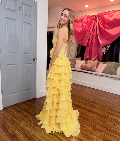 Women's Chiffon Ruffled Appliqued Prom Dresses Sweetheart Corset Evening Gowns Long HE1245