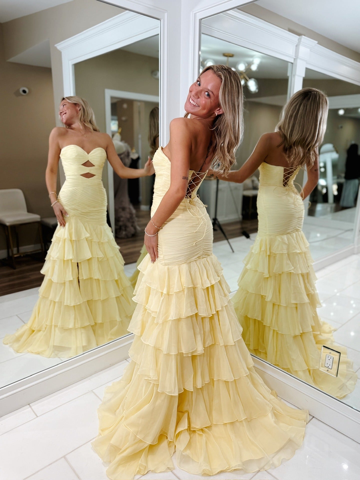 Mermaid Sweetheart Keyhole Prom Dresses Long Strapless Chiffon Ruffled Evening Gowns HE1139