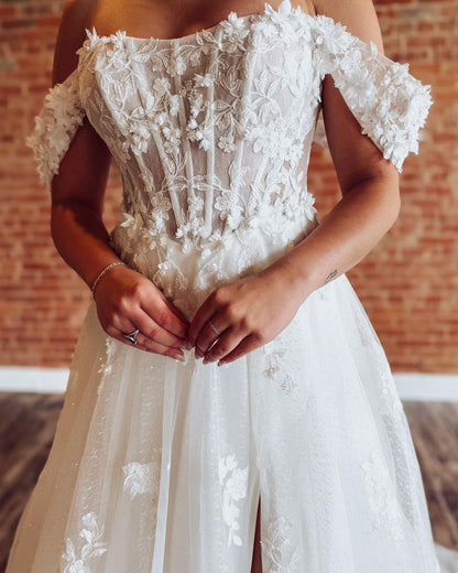 A Line Boho Wedding Dresses for Bride Tulle Lace Appliqued Beach Wedding Gowns HE1154